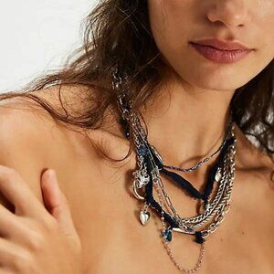 FREE PEOPLE Maggie May Layered Necklace In Silver & Blue NWT